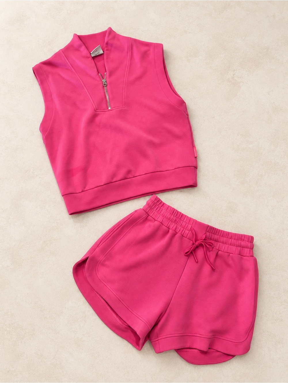 Varley Hot Pink Sleeveless Zip-Front Lounge Top & Elastic Waist Shorts